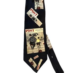 Norman Rockwell Necktie Vintage Mens Blue 100% Silk Saturday Evening Post Diner